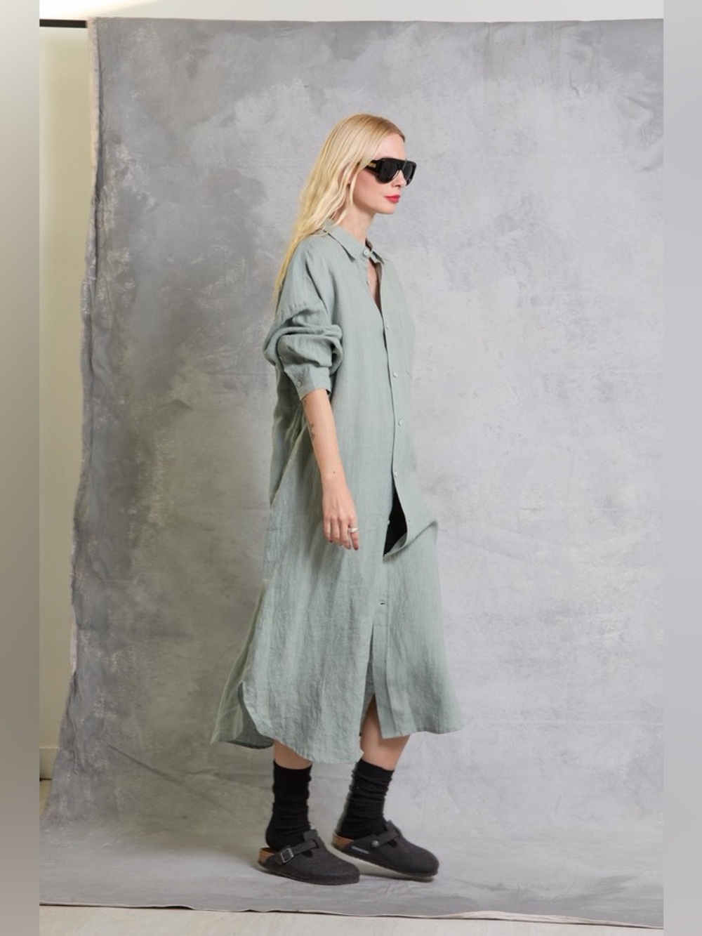 MAMENE Florence Shirt Dress in Limestone Sage Green 100% Linen Size 0 VGUC
